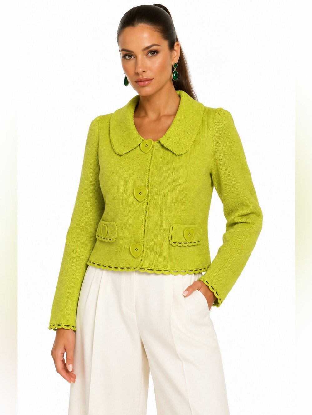 Moschino Couture Lime Green Metallic Knit Cardigan Heart Buttons US 10